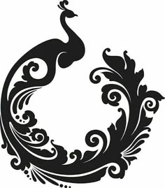 a black and white silhouette of a peacock in the shape of a letter o with swirls