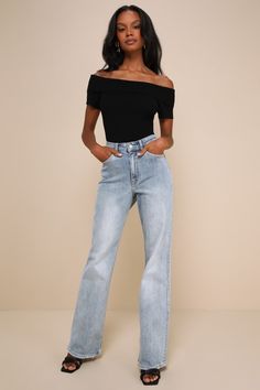 Easily Endearing Black Ribbed Knit Off-the-Shoulder Top Off Shoulder Knit Top Outfit, Off Shoulder Black Top Outfits, Black Off The Shoulder Top Outfit, Black Top Outfit Casual, Off Shoulder Top Outfit Casual, Black Off Shoulder Top Outfit, Off Shoulder Top Outfit, Off The Shoulder Outfit, Wide Jeans Outfit