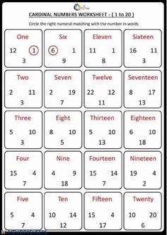 the cardinal numbers worksheet is shown in red and white, with two numbers on each