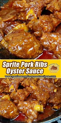 two pictures of pork ribs and other food items in a frying pan with the words, spirited pork ribs oyster sauce