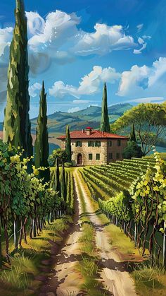 an oil painting of a country house in the middle of a vineyard with trees and bushes