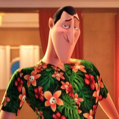 the animated character is wearing a green and red dress with flowers on it's chest