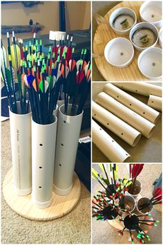 there are many different cups and spoons in this collage, one is filled with colored pencils