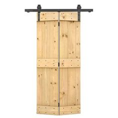 an open wooden door with metal bars on the top and bottom, against a white background