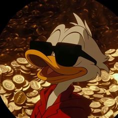 donald duck wearing sunglasses standing in front of gold coins