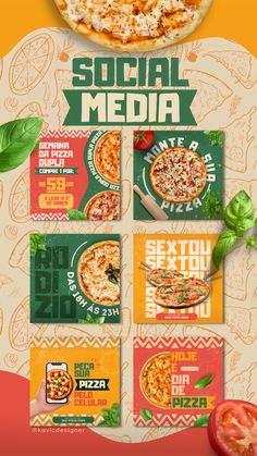 an advertisement for pizza with different types of toppings on the front and back cover