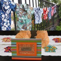 an assortment of colorful clothing hanging on clothesline next to table with cloths and napkins