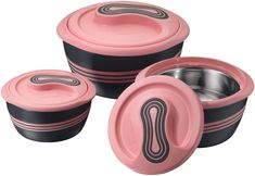 three pieces of pink and black food container set with matching lids on each one side