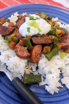 a blue plate topped with rice and meat covered in sour cream on top of it