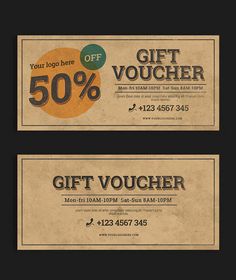 two gift vouchers with the words 50 off on them