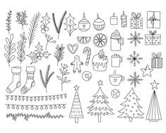 hand drawn christmas doodles on white paper with black and white graphics, such as stockings, trees, presents, gifts