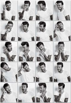 many different pictures of a man with his hands on his face