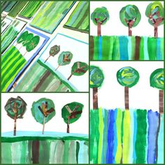 four different pictures of trees and grass with blue, green, yellow and red stripes