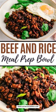 beef and rice meal prep bowl on a plate