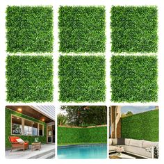 artificial grass panels are used to create an outdoor privacy wall for the pool and deck area