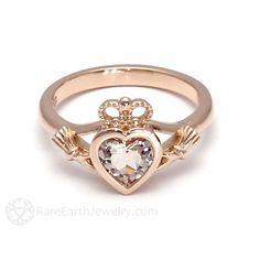 Morganite Claddagh Ring 14K or 18K Irish Promise Ring - Rare Earth Jewelry Claddagh Engagement Ring, Earth Jewelry, Moissanite Engagement Ring White Gold, 2nd Wedding, Rose Gold Ring Set, Diamond Eternity Wedding Band, Gold Anniversary Rings, Vintage Engagement Rings Unique, Claddagh Ring