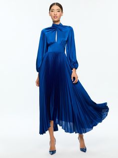 Mahogany Twist Neck Pleated Maxi Dress In Royal | Alice + Olivia Evening Dress With Gathered Neckline And Long Sleeves, Elegant Dress With Gathered Neckline For Fall, Mahogany Dress, Blue Pleated Dress, Blue Tie Dye Dress, Asymmetrical Blouse, Blouson Sleeve, Long Sleeve Evening Dresses, Black Satin Dress