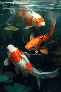 two orange and white koi fish swimming in the water