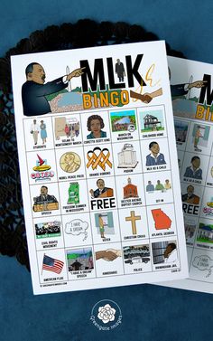 two booklets with pictures of different people on them and the words milk, bingo