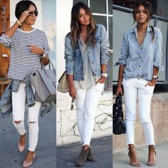 White Jeans Outfit, Jean Jacket Outfits, Striped Shirts, Spring Clothes, Mode Casual, Soft Classic, Fashion Mode, Street Style Outfit, Work Fashion