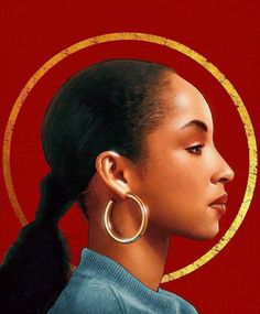 a painting of a woman with large hoop earrings on her head, looking to the side