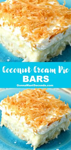 coconut cream pie bars on a blue plate with the words coconut cream pie bars above it