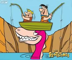 an image of two people in a boat on the water with fish hooked up to their mouths