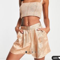 Nwt Satin Twill Shorts In Blonde. Paired Well With Seam Detail Tank Top Also Posted And Pictured. Shorts Are High Waisted But Do Not Have Any Stretch. True To Size. Black Spandex Shorts, Olive Green Shirt, Asos Jeans, Dad Shorts, Mom Denim, Navy Blue Linen, Ripped Jean Shorts, Basic Leggings, Cuffed Denim Shorts