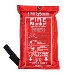 the fire blanket is red and has instructions for how to use it