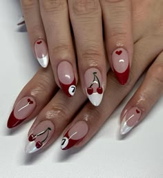 Nail Inspiration Trendy, Red Edgy Nails, Billard Nails, 8ball Cherry Nails, 8ball Acrylic Nails, Red Pattern Nails, Red 8 Ball Nails, 8 Ball Acrylic Nails, Eclectic Nail Art