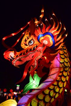 the dragon is lit up at night with colorful lights on it's head and tail