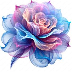 an abstract blue and pink flower with leaves on it's petals, as well as the