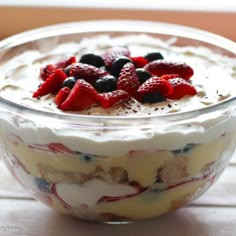 a bowl filled with fruit and cream on top of a table