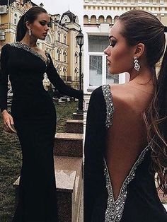 Sleeve Gown, Mermaid Prom Dress, Eve Dresses, New Years Eve Dresses, Long Sleeve Gown, Black Formal, Neck Stretches, Open Back Dresses, Masquerade Ball