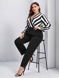 Black and White Elegant Collar Long Sleeve Polyester Striped Shirt Embellished Non-Stretch Spring/Fall,Spring/Summer/Fall Plus Size Jumpsuits & Bodysuits Business Professional Outfits Dress, Professional Outfits Women Plus Size, Plus Size Business Attire, Work Outfits Frauen, Women Professional Attire, Casual Professional, Fall Plus Size, Professional Outfits Women, Business Outfits Women