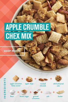 an advertisement for apple crumble chex mix