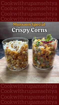 two glass bowls filled with food on top of a wooden table