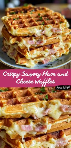 some waffles are stacked on top of each other with ham and cheese in them