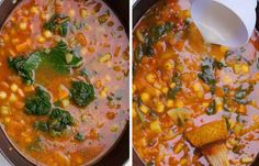 two pictures side by side one with soup and the other with vegetables