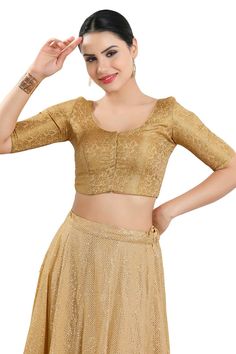 Buy Women's Gold Jacquard Readymade Saree Blouse Online Elegant Brocade Blouse Piece, Elegant Brocade Blouse For Party, Elegant Formal Tops With Self Design, Elegant Brocade Blouse For Festive Occasions, Brocade Top For Wedding, Party Brocade Top With Padded Blouse, Elegant Brocade Tops For Festive Occasions, Fitted Brocade Blouse Elegant Style, Fitted Gold Padded Blouse