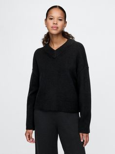 Supersoft cotton-blend sweater.  V-neck.  Long sleeves with drop shoulders.  Ribbed hem.  Fit: Over Plush Yarn, Everyday Luxury, Sweater Black, Toddler Gifts, V Neck Sweater, New Woman, Vneck Sweater, Black Sweaters, Drop Shoulder