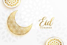 the eid mubarak greeting card with golden crescent and star design on white background