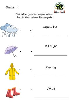 an english worksheet with pictures of rain boots and umbrellas