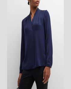 "Kobi Halperin \"Nellie\" solid blouse in stretch silk. V neckline; pleating at sides. Long sleeves; button cuffs. Relaxed silhouette. Pullover style. Silk/spandex. Imported." Kobi Halperin, Silk Blouse, V Neckline, Pullover Styling, Blouses For Women, Long Sleeve Blouse, Long Sleeves, Spandex, V Neck