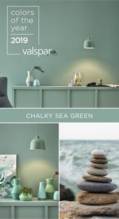 the colors of the year 2019 valspa is shown in three different pictures, including green and blue