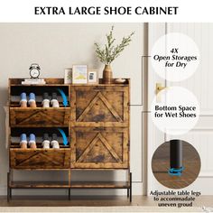 the extra large shoe cabinet is shown with instructions for how to put them in it