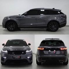 three different views of the front and back of a grey range rover in an empty room