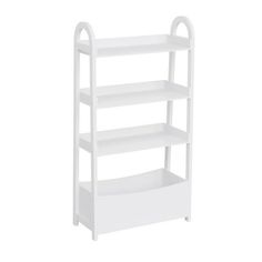 a white shelf with three shelves on each side and two wheels at the bottom,