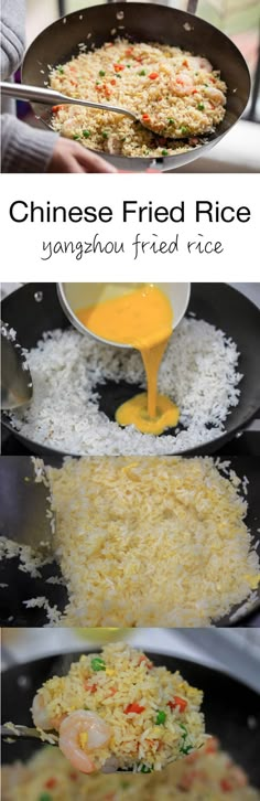 fried rice is being cooked in a pan and then served with sauce on the side