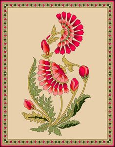 red flowers with green leaves and stems on a white background, hand drawn in ink